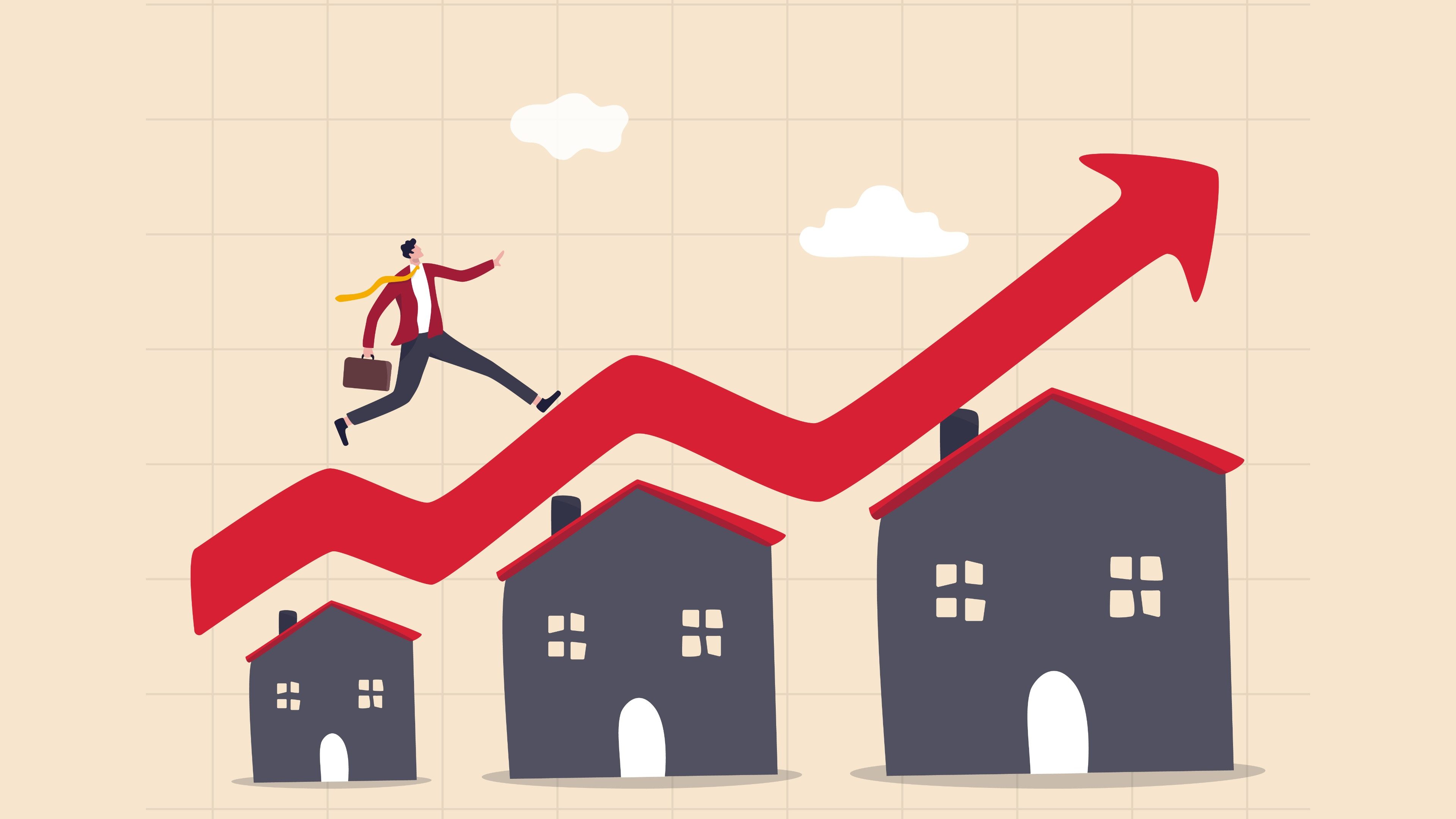 Housing price rising up, real estate or property growth concept, businessman running on rising green graph on house roof.
