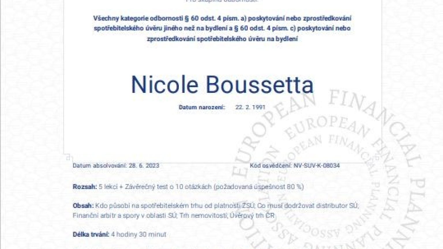 Osvědčení spotřebitelské úvěry