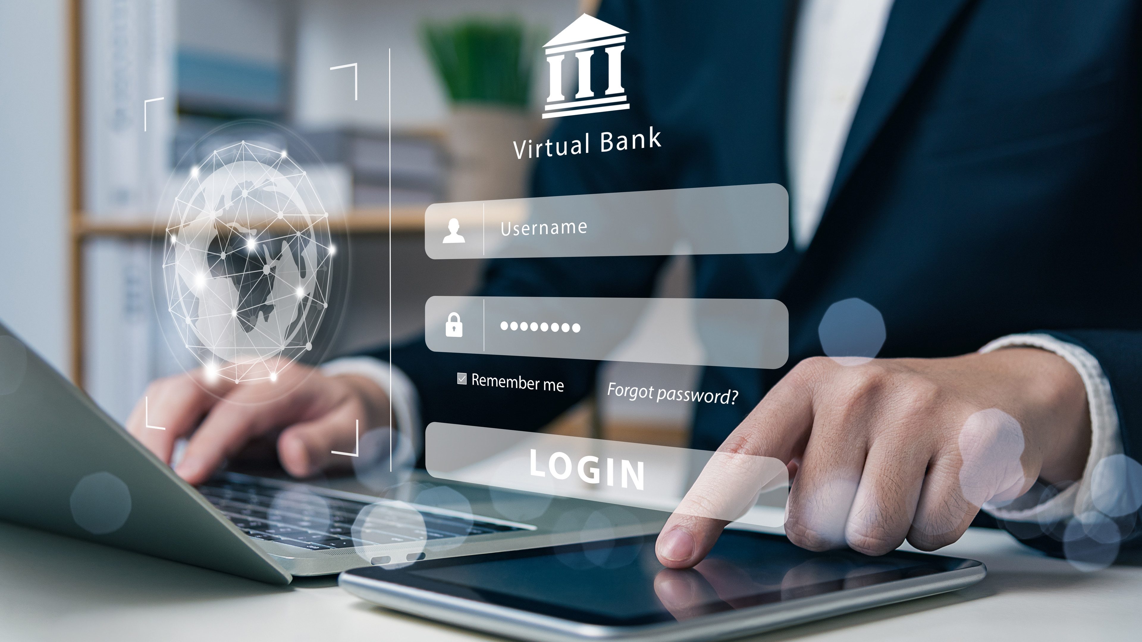 virtual bank or online banking, log in cyber security concept, businessman touching tablet to login financial ecosystem, password, data protection, secure internet access, cyberspace, financial.